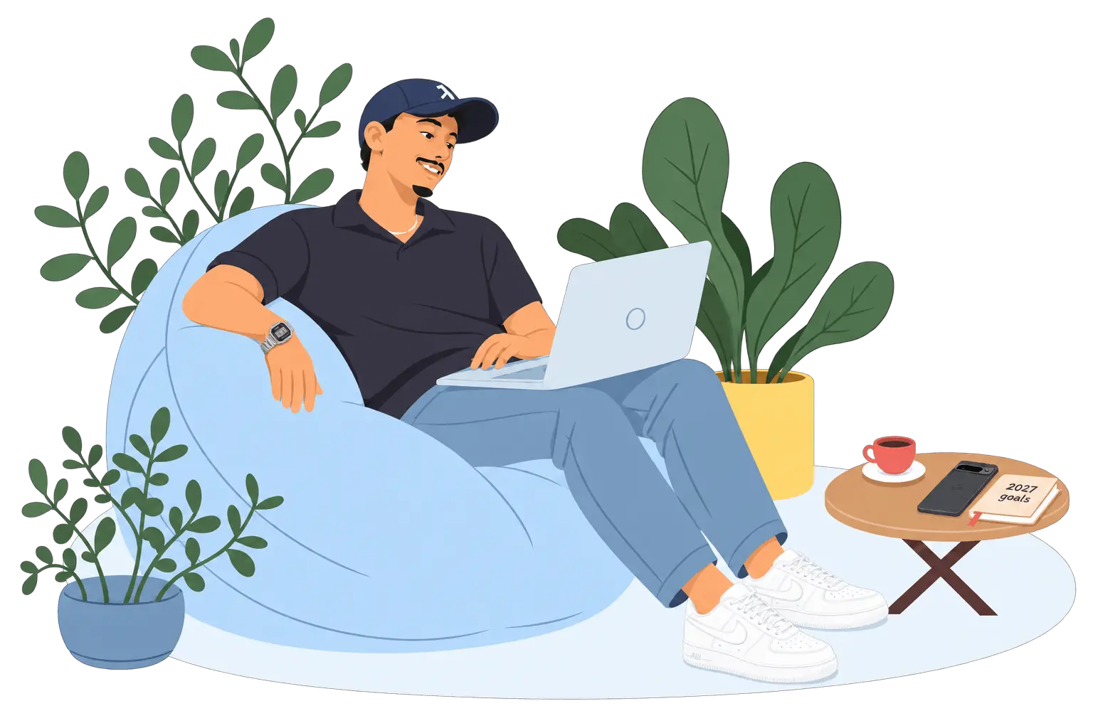 Mehdi avec son ordinateur sur un fauteuil bleu pastel