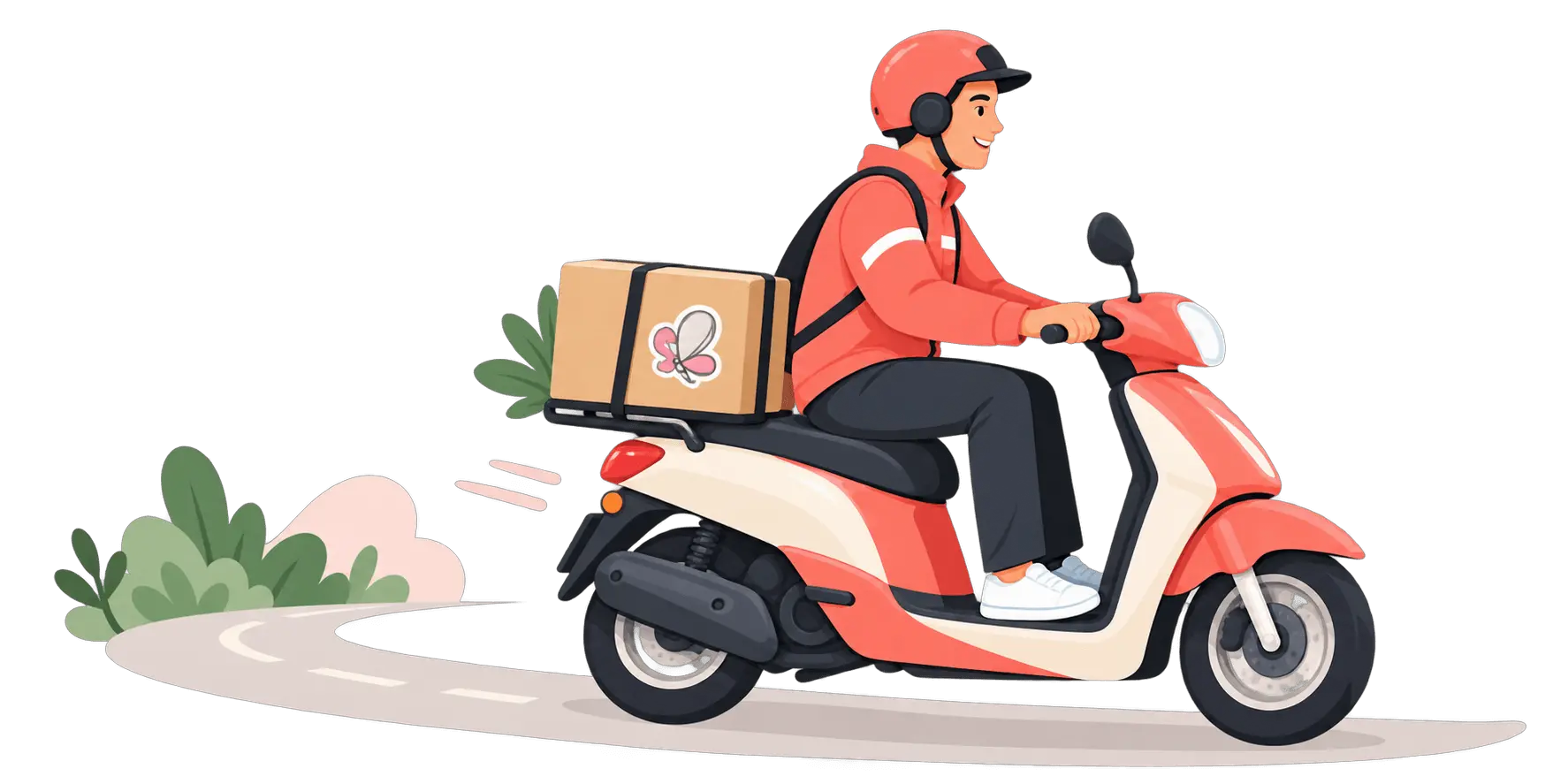 Un livreur MEYAS à scooter transporte un colis sur la route.